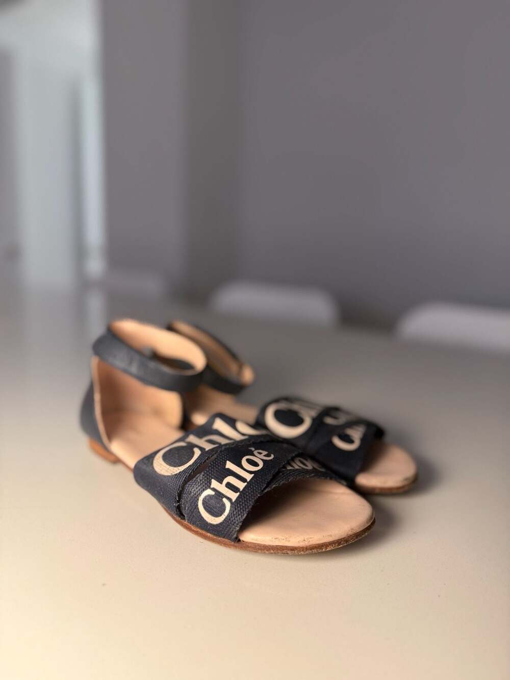 Chloé Kids Woody Navy Blue Canvas Flat Sandals with Ankle Strap Size 34